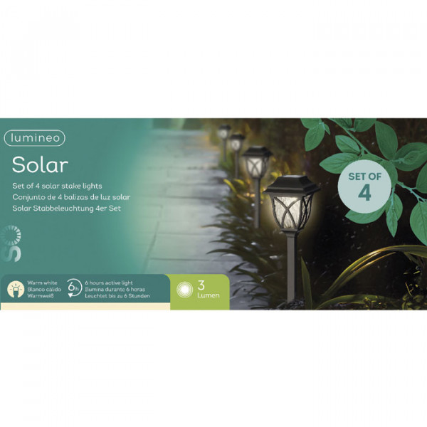 Set de 4 postes solares para jardín, luz cálida